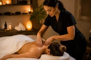 Massage for neck pain session with professional massage therapist at Sommnest wellness studio
