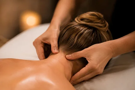 Massage therapist applying trigger point therapy for headaches caused by neck tension | Sommnest