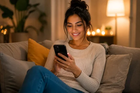 Woman using Sommnest massage booking app for online massage booking on iOS smartphone