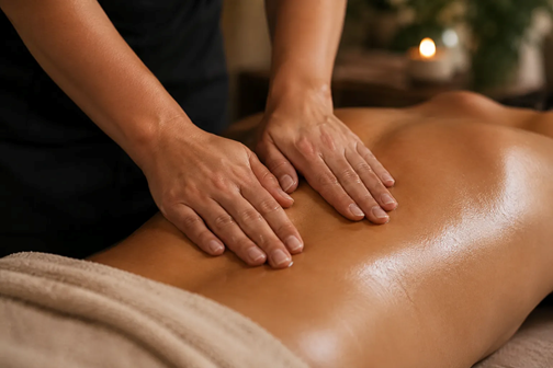 Massage therapist using long gliding strokes on a client's back during a Swedish massage