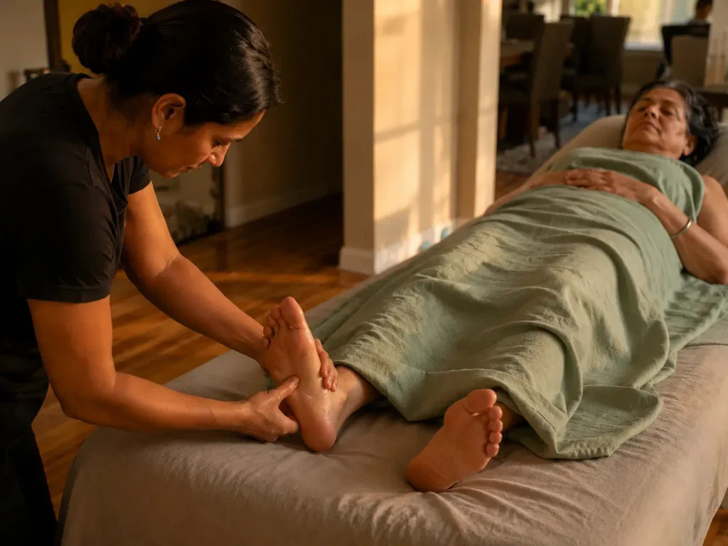 Therapist applying foot massage technique to an older adult woman as part of massage for insomnia and sleep relief.