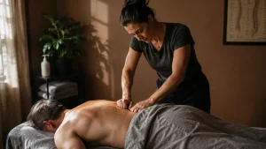 Licensed therapist applying deep pressure to lower back during massage for sciatica pain relief