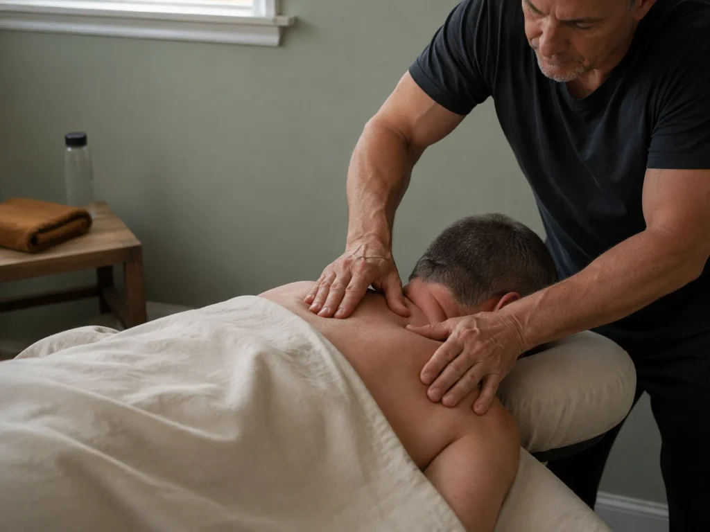 Therapist's hands pressing into shoulder tension on a client seeking massage for insomnia and sleep relief.