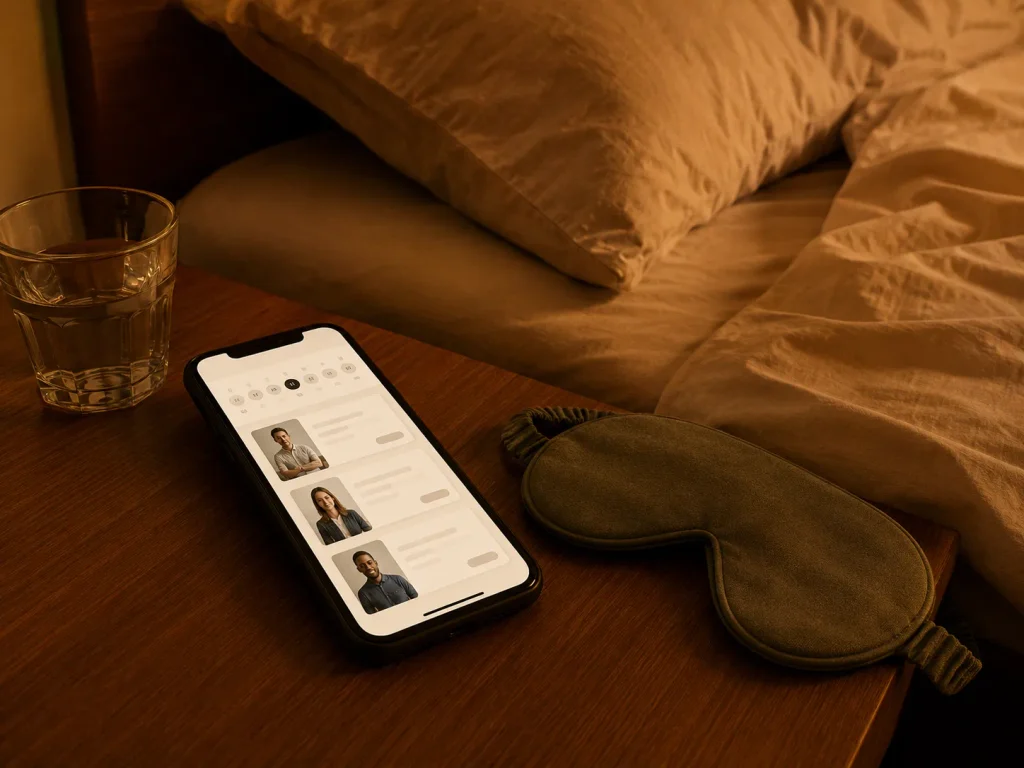 Smartphone on a nightstand with a booking app open, showing how to schedule massage for insomnia and sleep relief in the evening.
