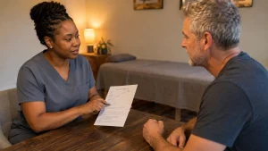 Licensed massage therapist reviewing intake paperwork with a new client in a quiet therapy room before their first session.