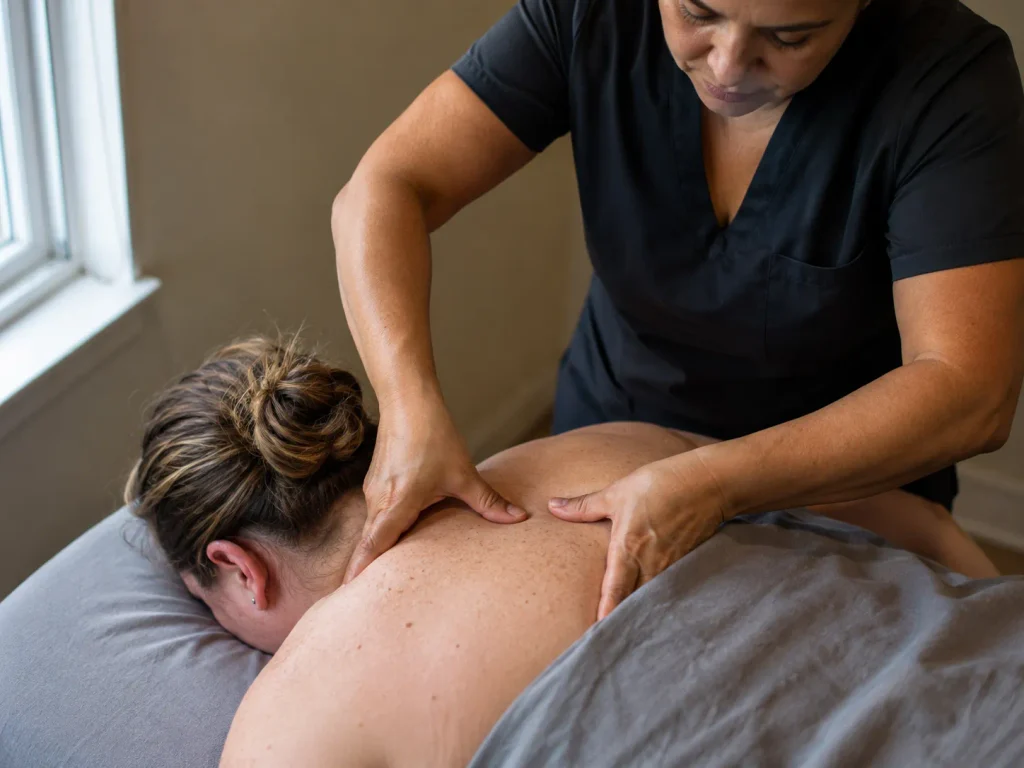 Massage therapist applying firm pressure to a client's upper back, showing the hands-on clinical skill that comes with proper licensure.