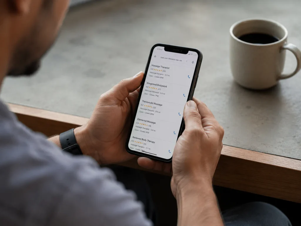 Person checking how to verify a massage therapist is licensed on a smartphone at a wooden desk