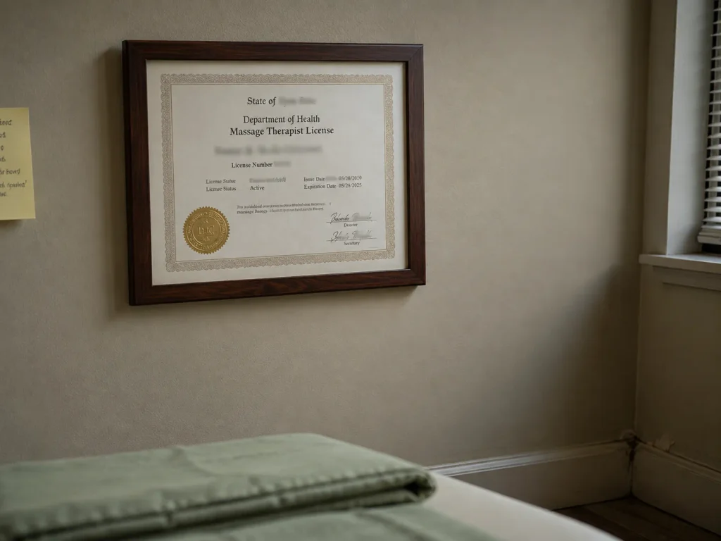 Framed massage therapy license on a clinic wall above a folded sage-green sheet key credential when verifying a licensed massage therapist.