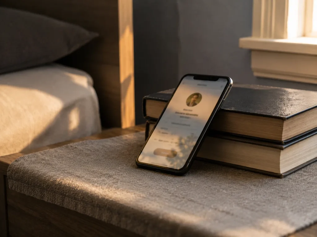 Smartphone showing an implied therapist profile on a verified massage booking platform, resting on a grey linen surface.