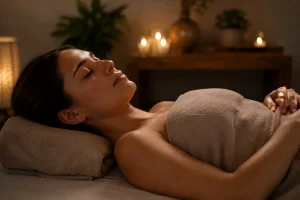 Person relaxing calmly during a massage session for anxiety relief
