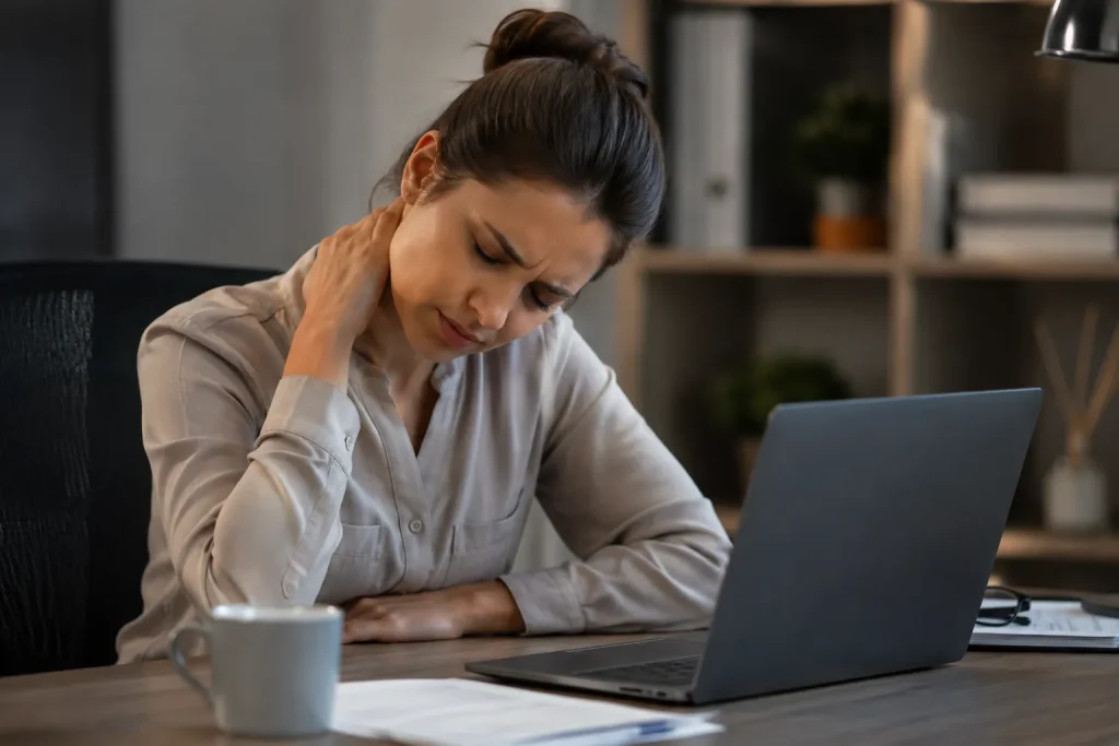 Person experiencing physical tension in the neck and shoulders from anxiety