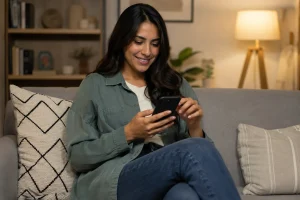 Person booking a massage appointment online using a smartphone at home
