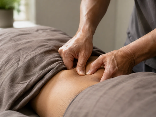 Therapist thumbs applying piriformis release technique for massage for sciatica pain on a draped client