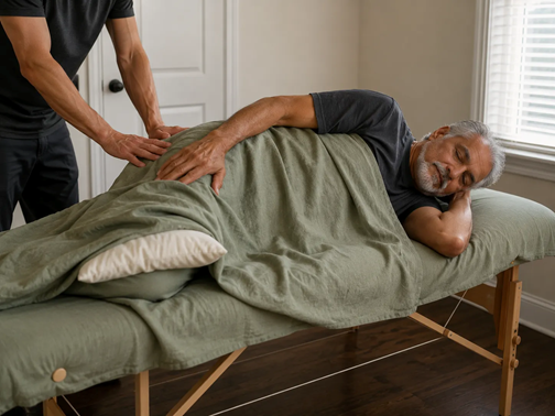 Older client positioned on side with pillow support during a sciatica-focused massage for sciatica pain session
