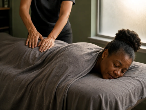 Client's expression of genuine relief during massage for sciatica pain in a draped clinic-room session