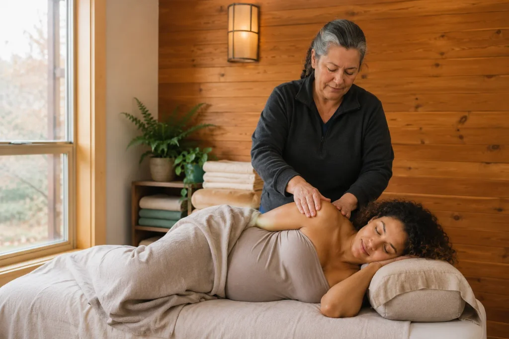 A licensed prenatal massage therapist gently working on a client's shoulders in a clinic room.