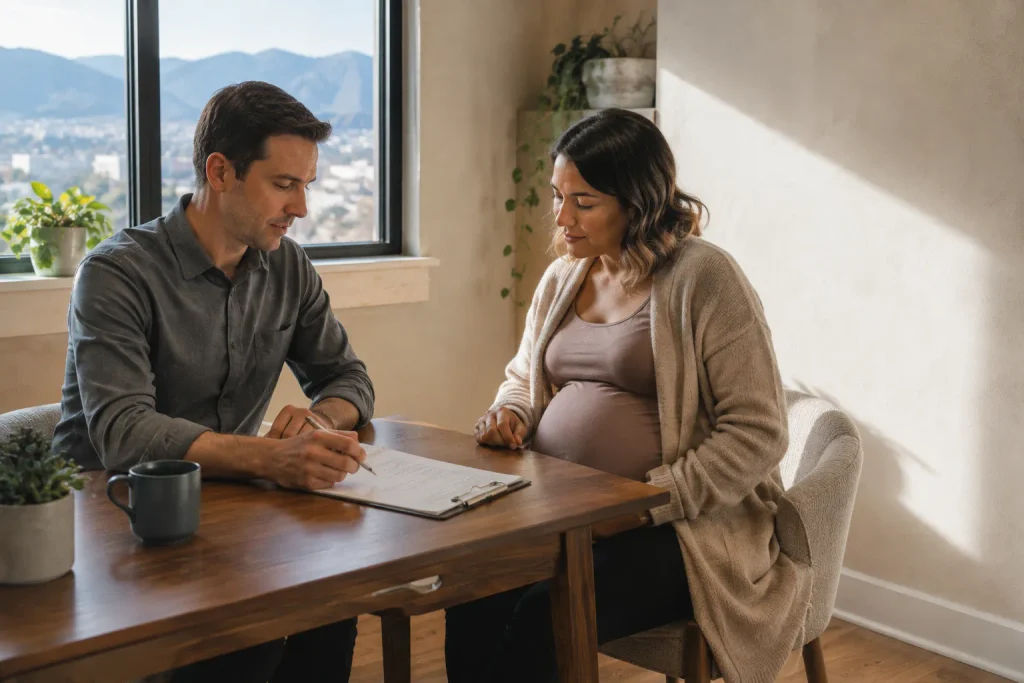 A therapist and pregnant client reviewing safety guidance before a prenatal massage session.