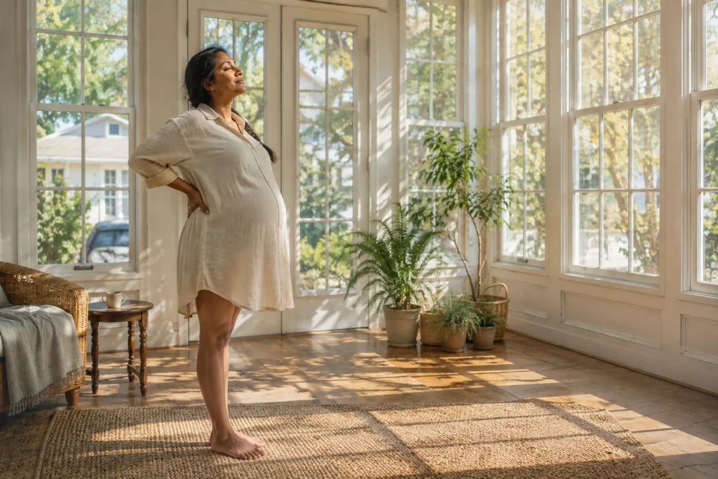 A pregnant woman gently stretching her lower back for pregnancy back pain relief at home.