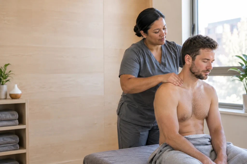 A massage therapist working on a client's shoulders to relieve chronic neck tension.