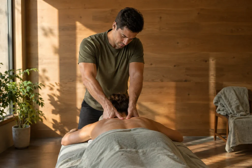 Close therapeutic view of deep tissue massage technique applied to the upper back and neck.