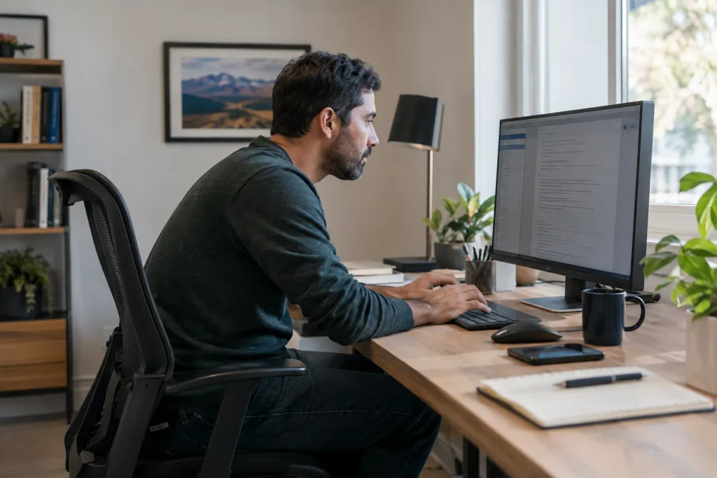 A person working at a desk with forward head posture that contributes to recurring neck pain.