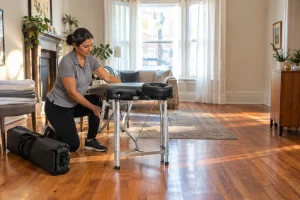 A licensed therapist arriving to set up for an in-home massage vs spa massage comparison.