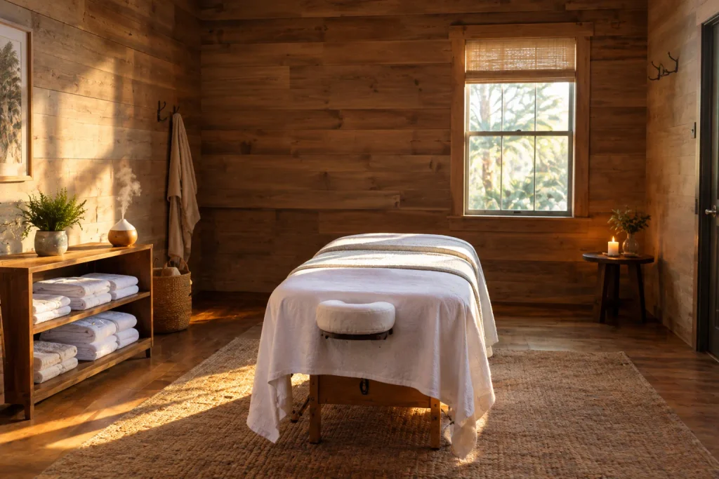A dedicated spa treatment room showing spa massage vs mobile massage amenities.