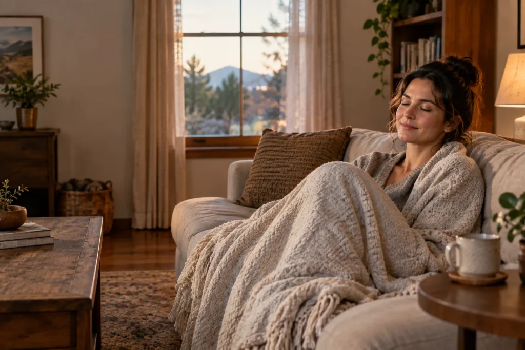 A person relaxed on their couch after an in-home massage session.
