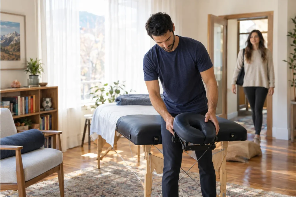 A fully set up portable massage table showing in-home massage benefits before a session.